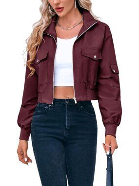 Women's Wine Red Cropped Bomber Jacket Lightweight Zip Up Short Coat Long Sleeve